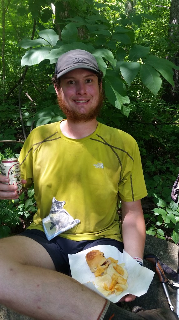 Enjoying some amazing Trail magic - BBQ sandwich, chips, and Yeungling before a big climb on #caturday