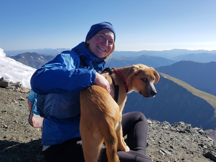 Dog on my lap on Torreys Peak